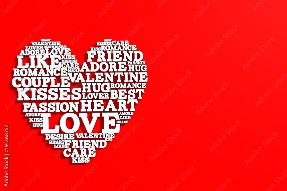 Heart shape made from love words. Valentines day. 3D rendering