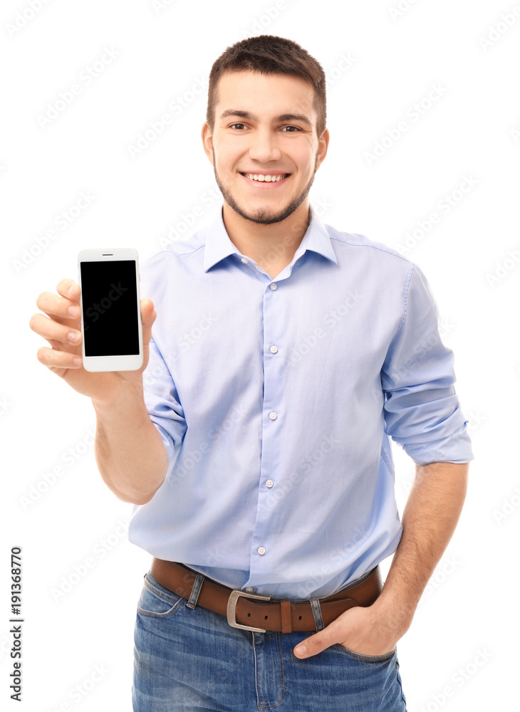 Young man with cell phone on white background Young man with cell phone on white background