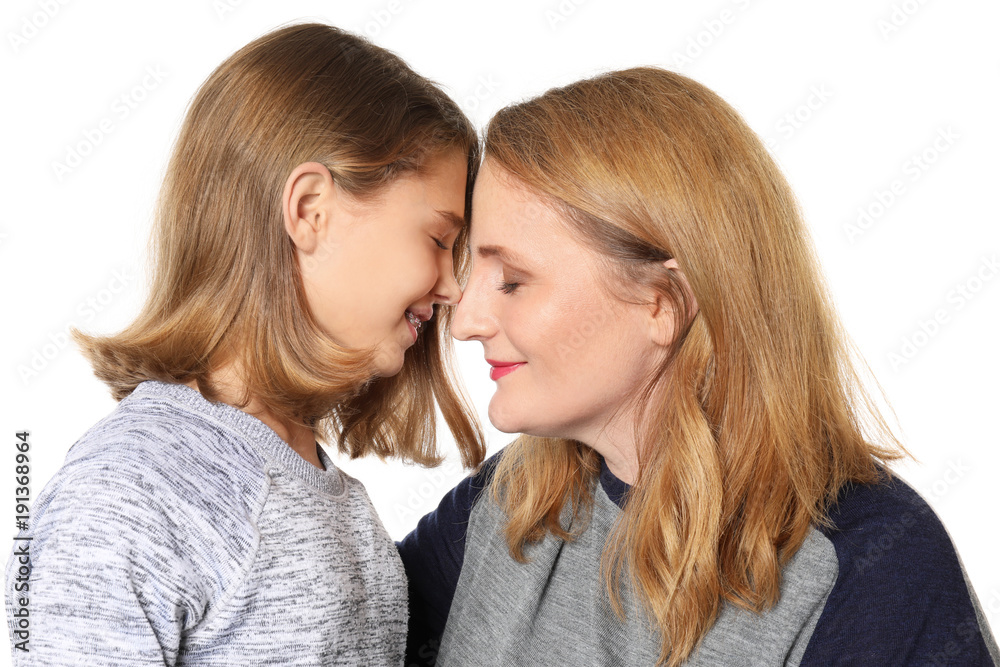 Portrait of happy mother and daughter on white background Portrait of happy mother and daughter on white background