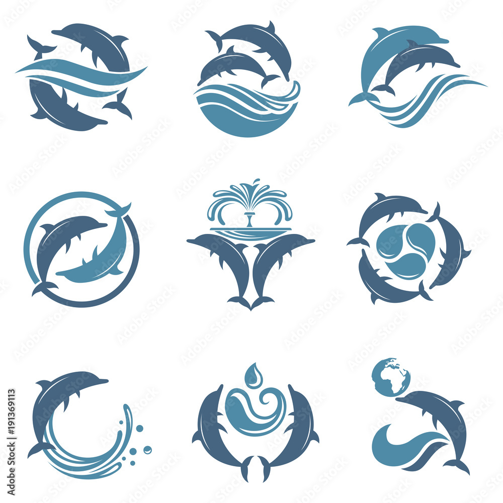 Obraz premium kolekcja z abstrakcyjnym godłem delfinów i fal morskich