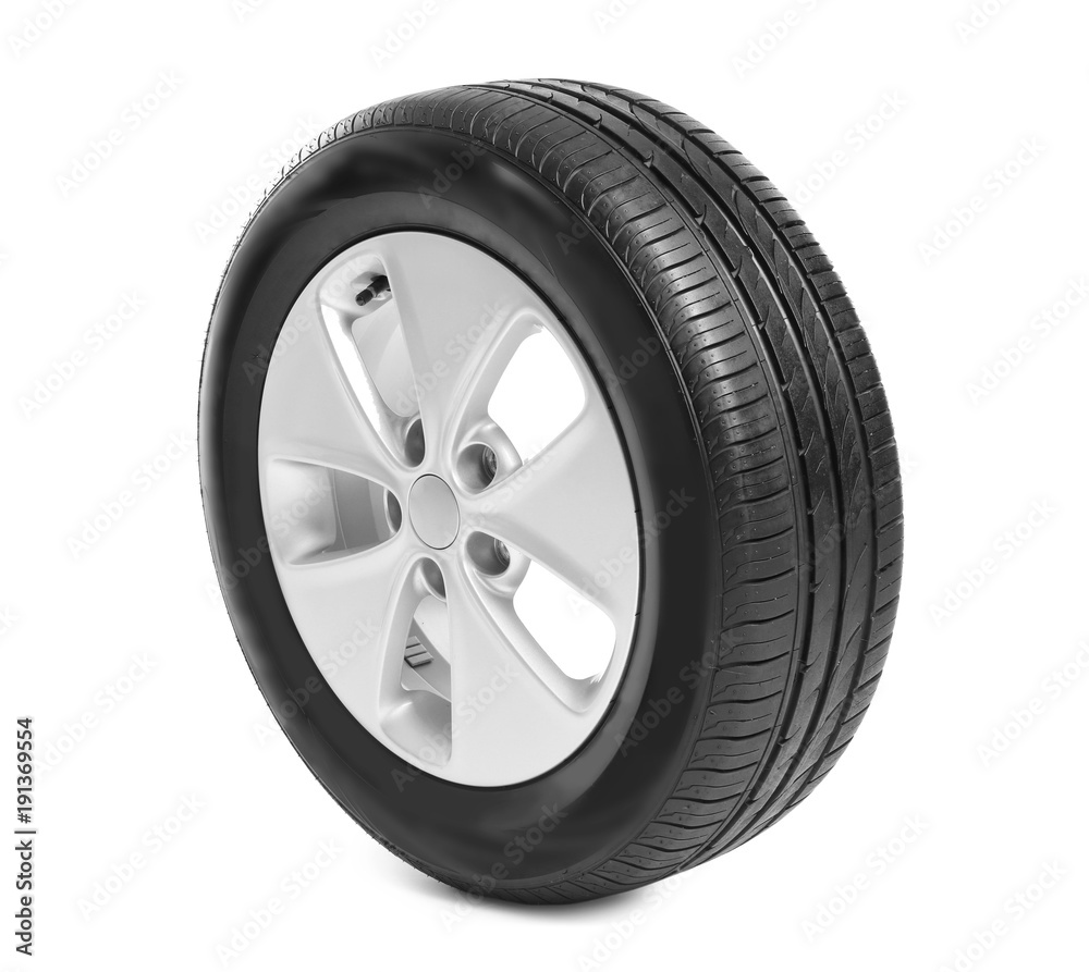 Car tire on white background