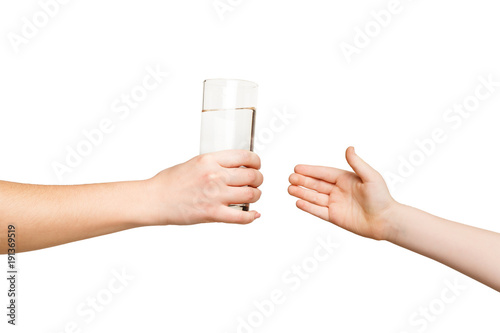 Woman giving glass of water to kid, isolated