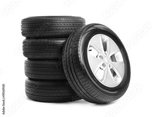 Car tires on white background