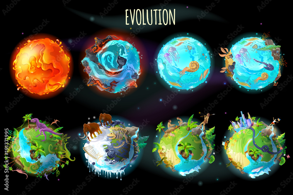 Vector cartoon fantastic planet Earth, world evolution set. Cosmic, space element game, timeline infographic design. Illustration from burning lava, water period, ice Age to green tropical plant river - obrazy, fototapety, plakaty 