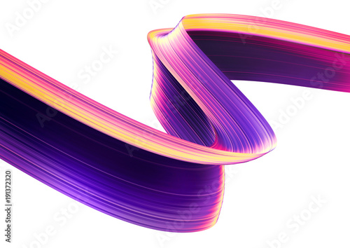 3D render abstract background. Colorful twisted shapes in motion. Computer generated digital art for poster, flyer, banner background or design element. Holographic foil ribbon on white background.
