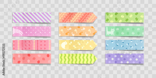 Vector decorated adhesive paper stickers set. Colored childish post label kids print memo notes, reminder sticky mockup. Child school kindergarten education blank illustration, transparent background