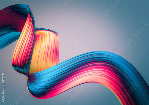 3D render abstract background. Colorful twisted shapes in motion. Computer generated digital art for poster, flyer, banner background or design element. Holographic foil ribbon on dark background.