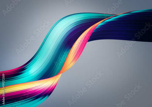 3D render abstract background. Colorful twisted shapes in motion. Computer generated digital art for poster, flyer, banner background or design element. Holographic foil ribbon on dark background.