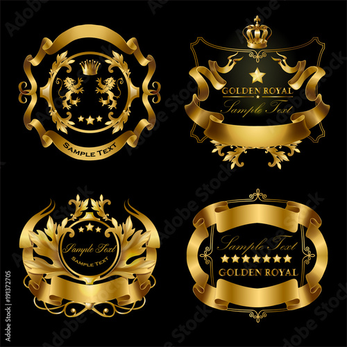 Vector set of golden royal stickers with crowns, ribbons, lions, stars isolated on black background. Luxurious emblems with heraldic ornament, premium quality labels for certificates, brand promotion