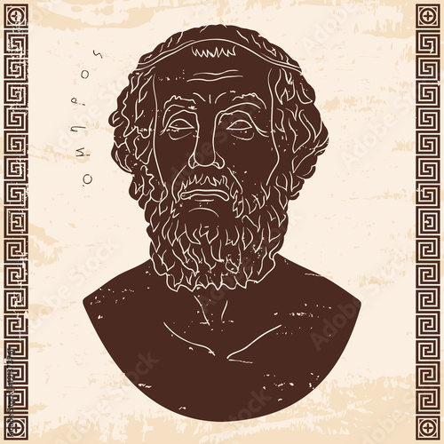 Ancient Greek bust of the poet and inscription Homer. Old beige paper with the aging effect isolated on white background.