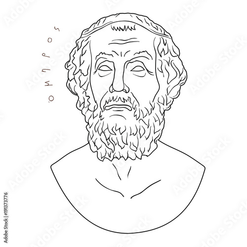 Ancient Greek bust of the poet and inscription Homer isolated on white background.