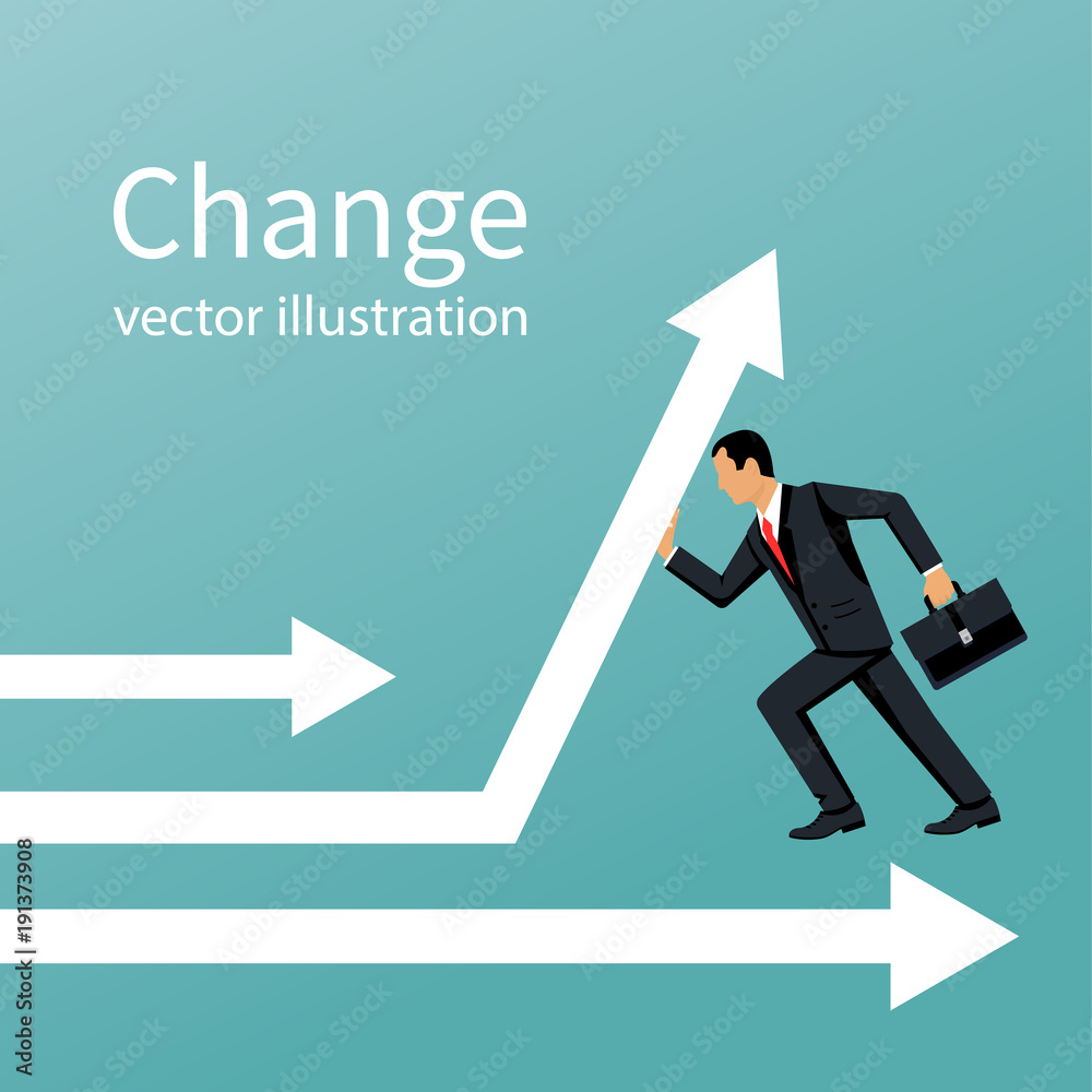 Businessman change direction. Up arrow. Raised profits. Business metaphor. Vector illustration flat design. Isolated on white background. Growth finance.
Businessman change direction. Up arrow. Raised profits. Business metaphor. Vector illustration flat design. Isolated on white background. Growth finance.
