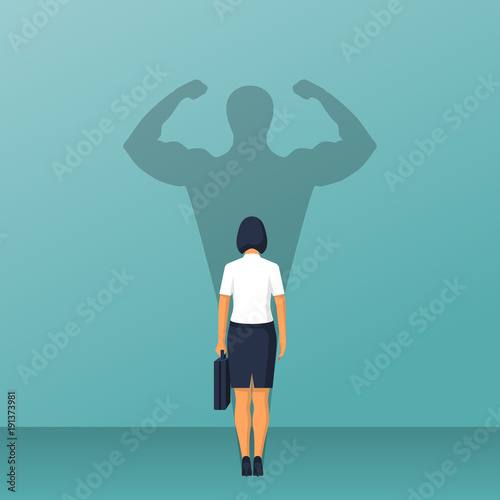 Confident power. Businesswoman in suit standing in front wall with shadow successful business leadership, isolated on background. Career strength. Shadow of strong female. Vector flat design.