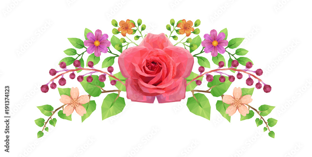 Composition florale - Fleurs et Feuilles - low-poly