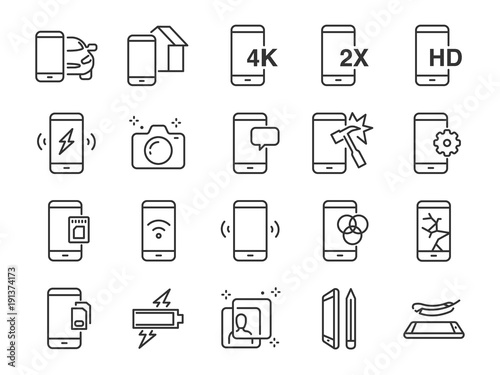 Mobile line icon set. Included the icons as smartphone, memory, battery, filter, screen, power, charger and more.