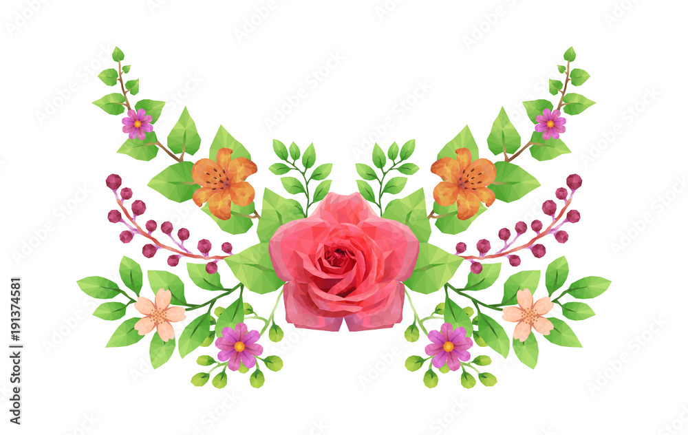 Composition florale - Fleurs et Feuilles - low-poly