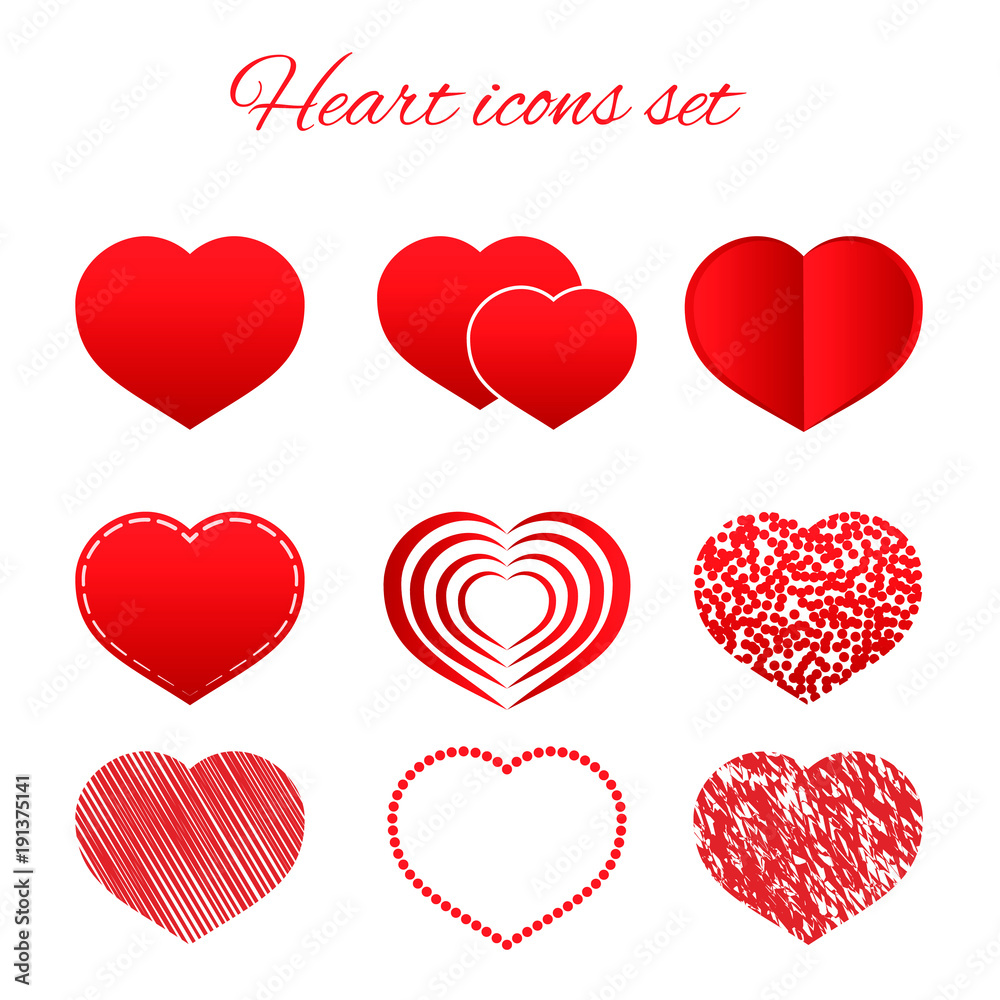 Set of nine red hearts flat icon isolated on white background.  Valentine’s day vector collection. Love story symbol. Health medical theme. Easy to edit design template.