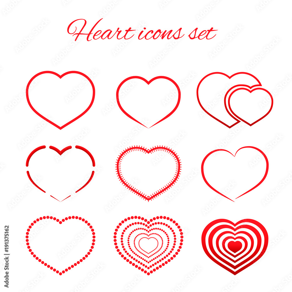 Set of nine red hearts flat icon isolated on white background.  Valentine’s day vector collection. Love story symbol. Health medical theme. Easy to edit design template.
