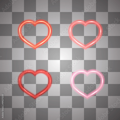 Set of four glowing neon heart. Isolated on transparent. Vector illustration. Easy to edit template for your artworks.