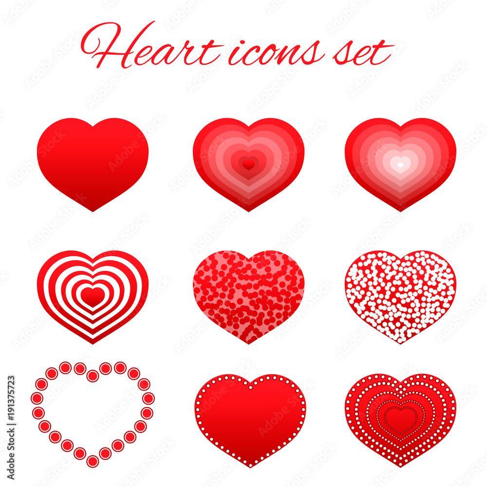 Set of nine red hearts flat icon isolated on white background.  Valentine’s day vector collection. Love story symbol. Health medical theme. Easy to edit design template.