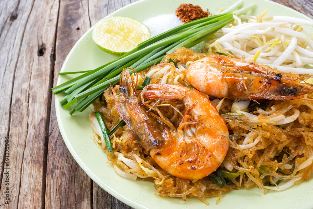 Closeup fried noodle with prawns, Thai style. Local name, Pad Thai.