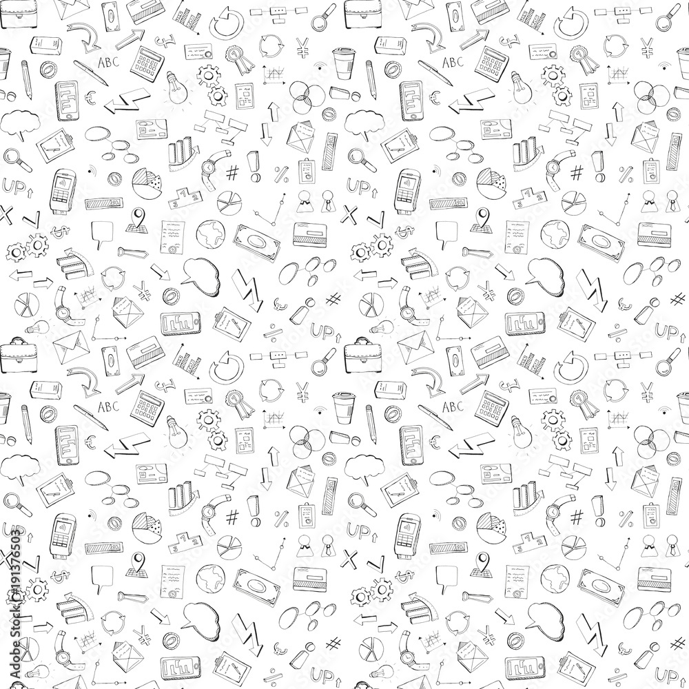Hand drawn seamless pattern background finance and business doodle design elements isolated on white