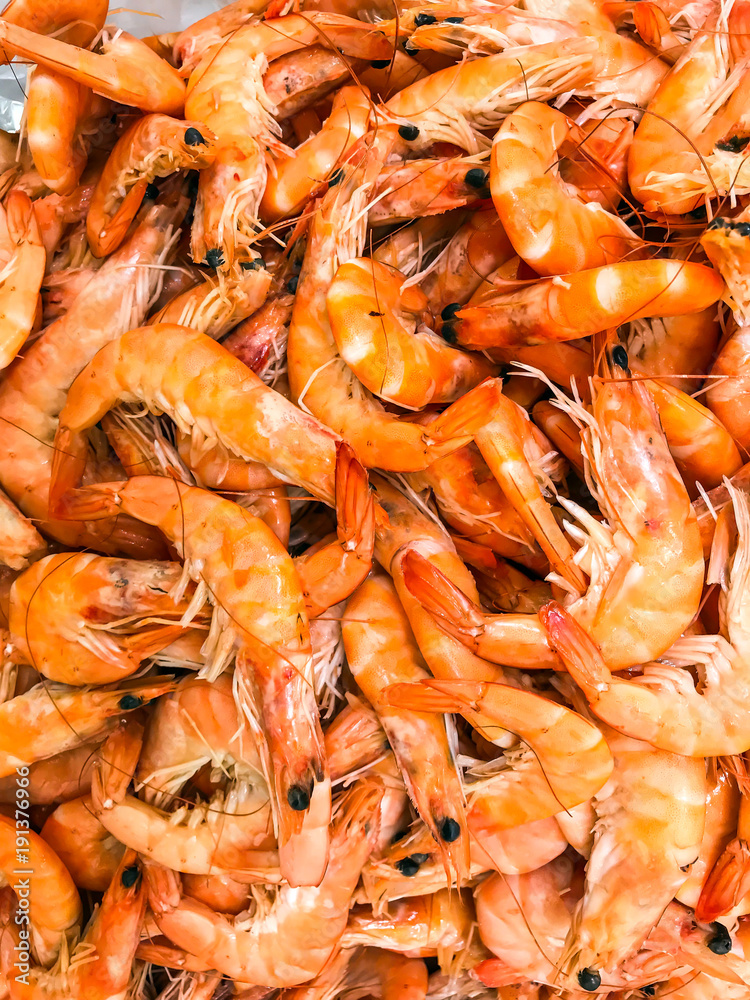Fresh chilled prawns on ice Fresh chilled prawns on ice