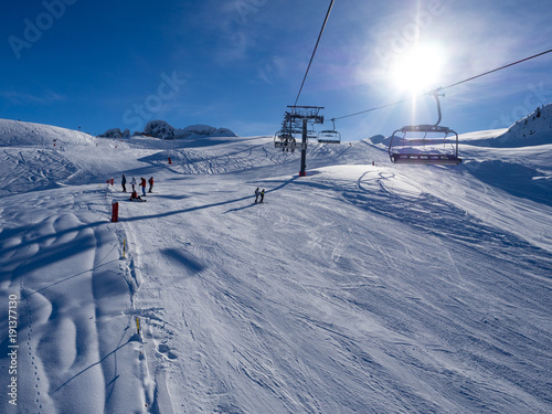 Mountains with white snow in winter. Meribel Ski Resort, Meribel Village Center (1450 m). France, Alps, january 2018