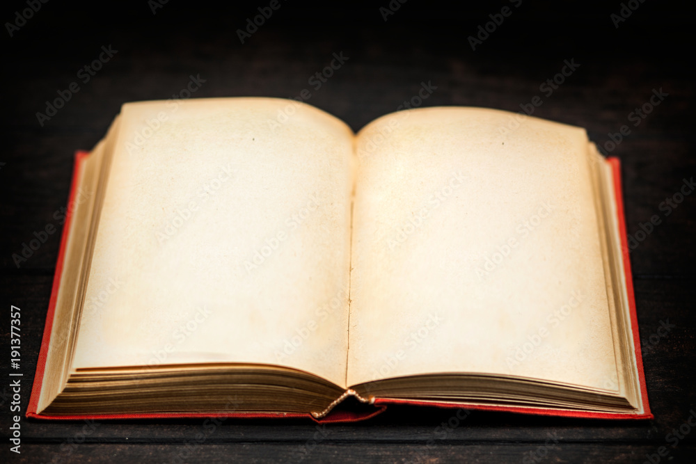 Fototapeta premium Open book on white wood background