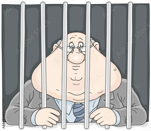 Sad corrupt official with a sour face sitting behind bars in a prison