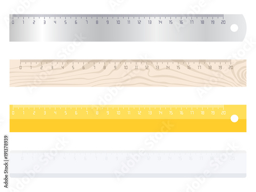 Set of different measuring rulers. Plastic, wooden and metal rulers isolated on white background. Vector illustration