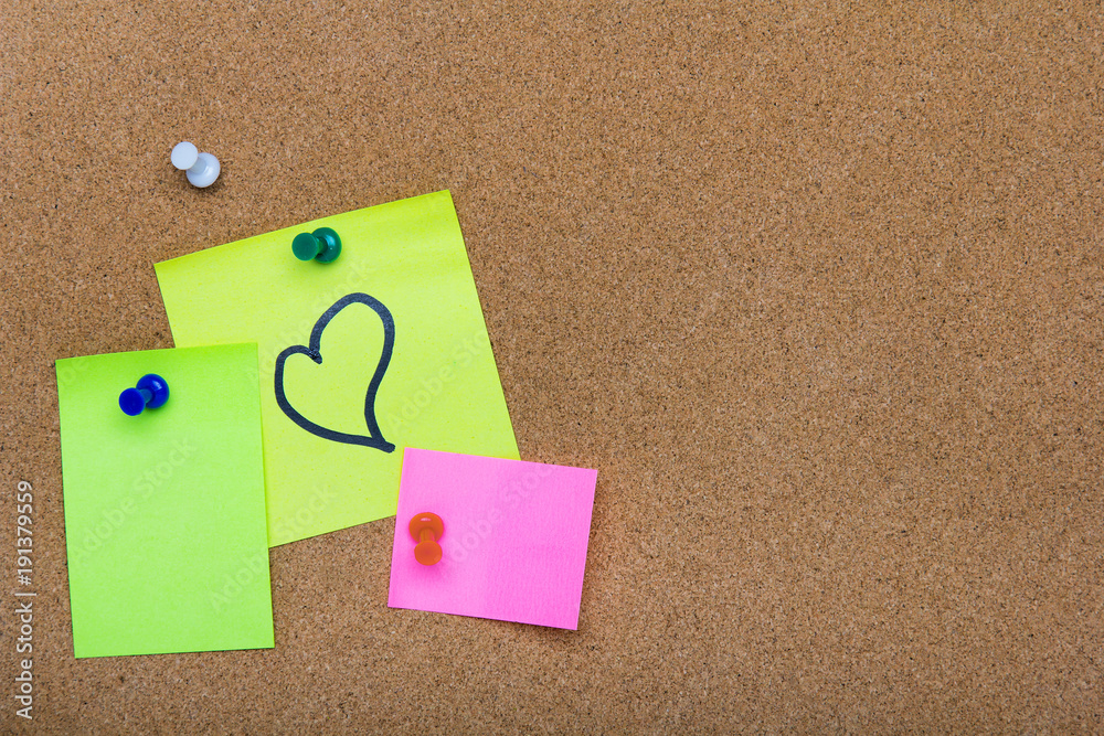 Pin board texture for background, corolful pins and sticky notes Pin board texture for background, corolful pins and sticky notes