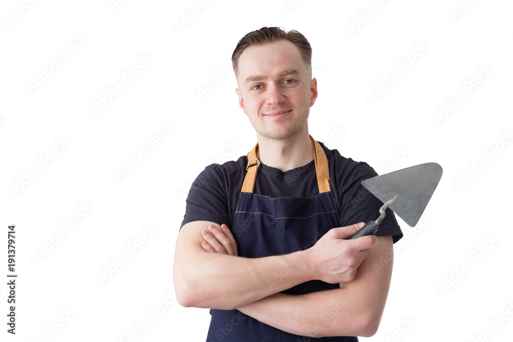 smiling builder worker with trowel isolated on white smiling builder worker with trowel isolated on white
