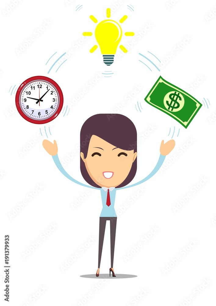 Young woman and idea, money time in business. Stock flat vector illustration.