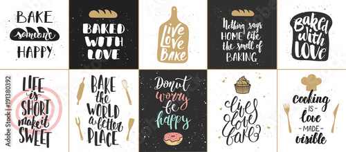 Set of vector bakery lettering posters, greeting cards, decoration, prints. Hand drawn typography design elements. Handwritten lettering. Modern ink brush calligraphy.