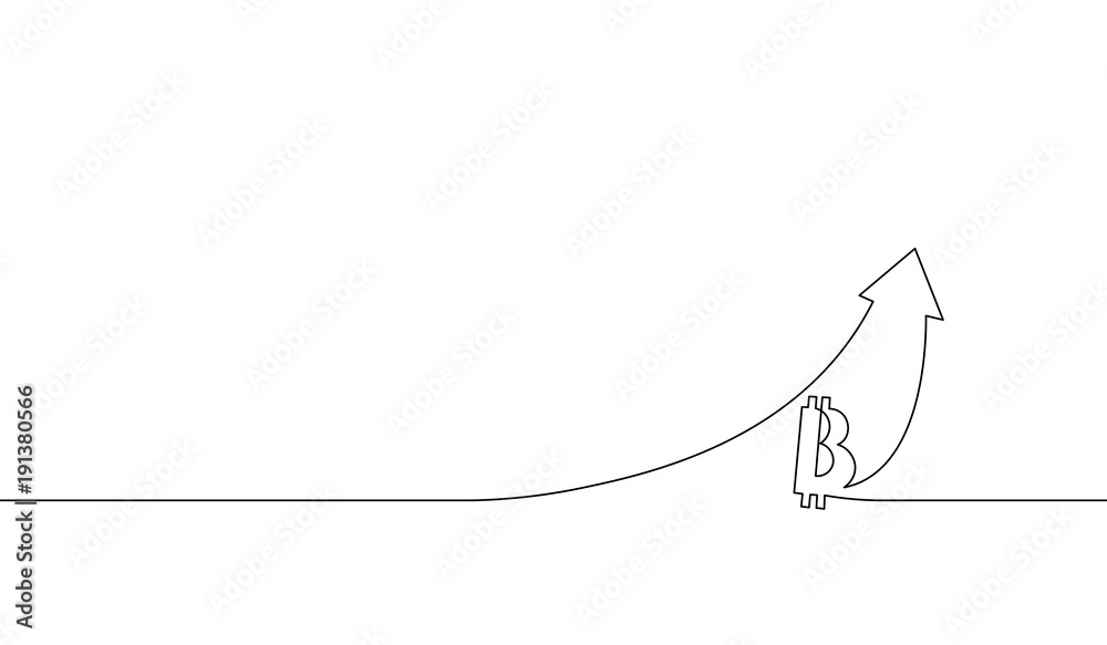 Single continuous line art bitcoin cryptocurrency arrow up. Up chart growth increase profit digital finance technology business design one sketch outline drawing vector illustration Single continuous line art bitcoin cryptocurrency arrow up. Up chart growth increase profit digital finance technology business design one sketch outline drawing vector illustration