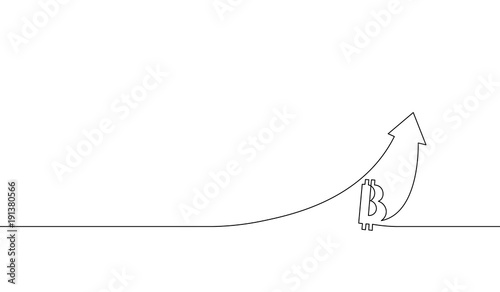 Single continuous line art bitcoin cryptocurrency arrow up. Up chart growth increase profit digital finance technology business design one sketch outline drawing vector illustration