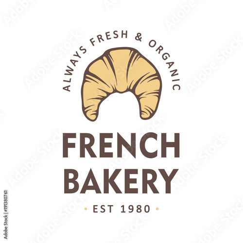 Vintage style bakery shop label, badge, emblem, logo. Vector illustration. Colorful graphic art with engraved design element. Collection of linear graphic on white background.