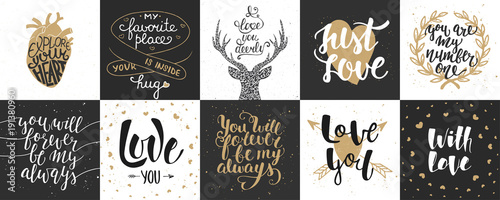 Set of romantic and love vector hand drawn unique typography design element for greeting cards, decoration, prints and posters. Modern calligraphy. Handwritten lettering.