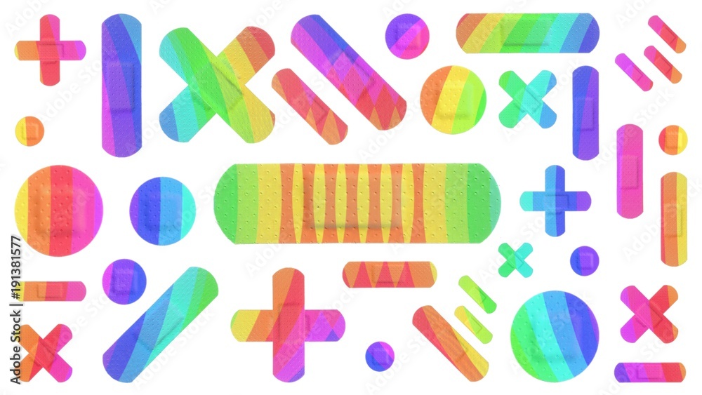 Various Colored Strips of ADHESIVE BANDAGES PLASTER - Medical Equipment - Colorful RAINBOW Style Various Colored Strips of ADHESIVE BANDAGES PLASTER - Medical Equipment - Colorful RAINBOW Style