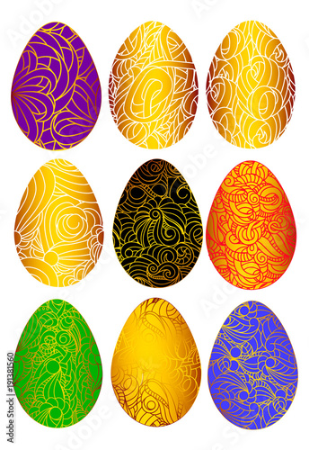 Vector set of  color easter eggs with gold chic pattern isolated on a white background.