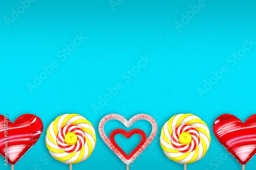 Turquoise background with various lollipops. 3d illustration.
