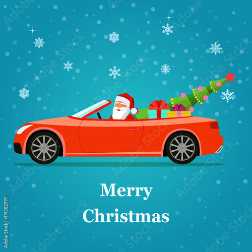 Retro red cabriolet with santa claus, christmas tree and gift boxes. Vector flat style illustration.