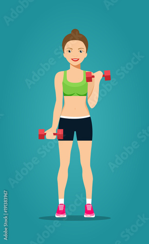 Fitness woman with dumbbells.Young sportswoman in sportswear. Vector flat style isolated illustration.