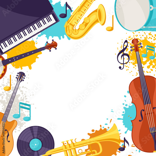 Frame with musical instruments. Jazz music festival background