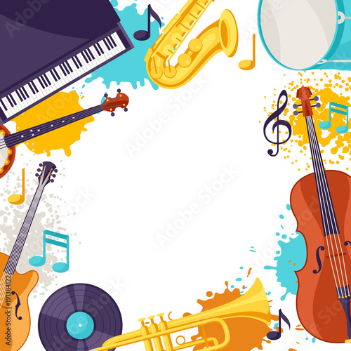 Frame with musical instruments. Jazz music festival background