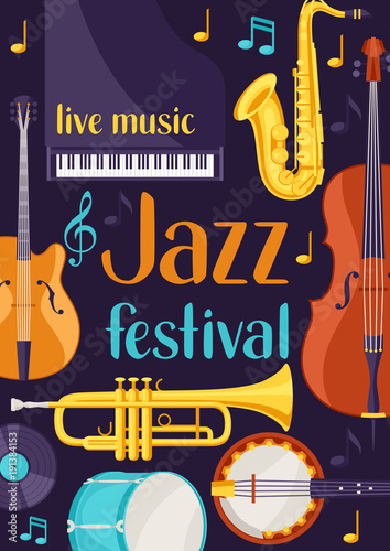 Canvas Print Jazz festival live music retro poster with musical instruments
