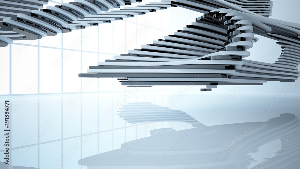 Fototapeta premium Abstract white and black parametric interior with window. 3D illustration and rendering.