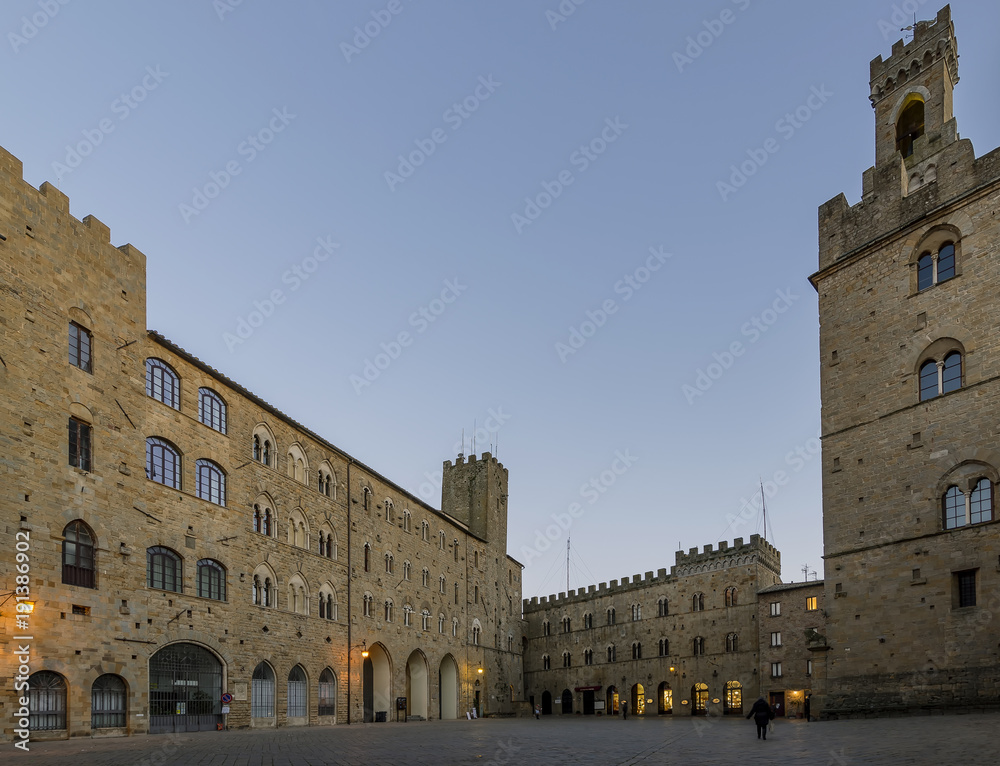 Pretorio Palace and Porcellino Tower, Priori square in a quiet moment of the evening, Volterra, Pisa, Tuscany, Italy