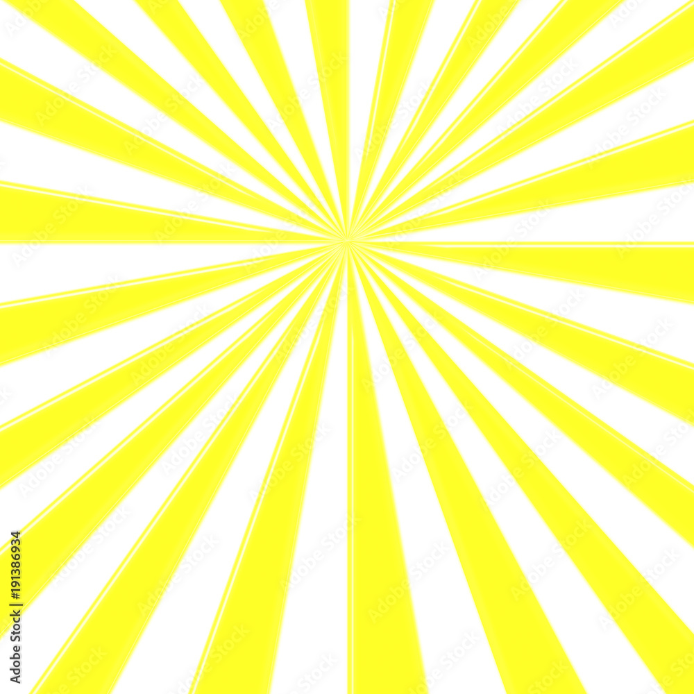Stock Illustration - Yellow Colored Sunbeams Centered, Blank Copy Space, 3D Illustration.